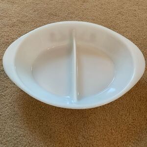 Glasbake J2352 Green Daisies Divided Milk Glass Casserole Dish 12” Long